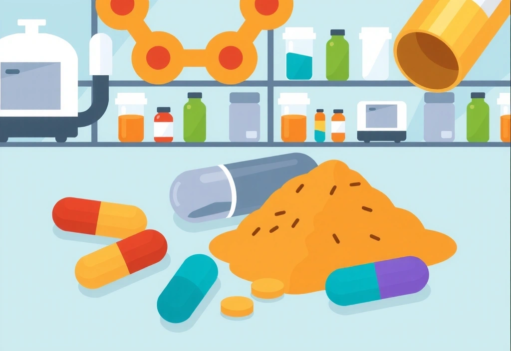 Illustration de diverses gélules et poudres dans un laboratoire, symbolisant la fabrication de compléments alimentaires.