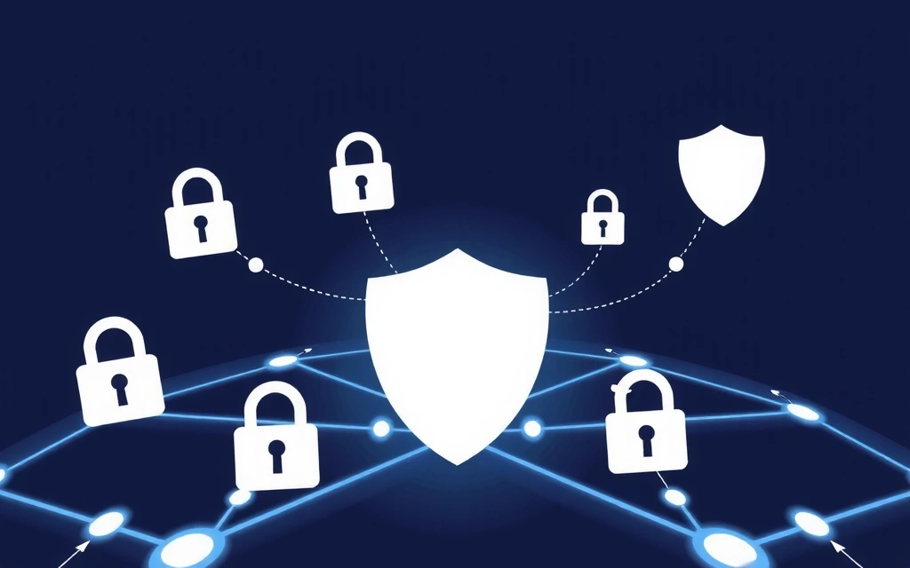 Icônes de cadenas et de bouclier numérique flottant au-dessus d'un réseau de données, symbolisant la sécurité et la protection des informations.