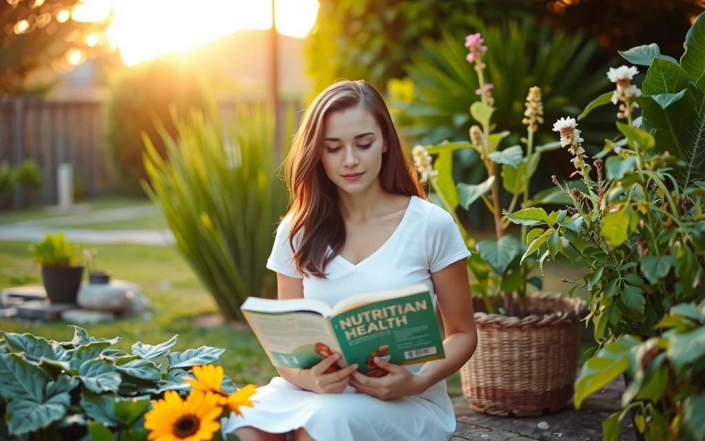 Personne lisant un livre sur la nutrition dans un jardin